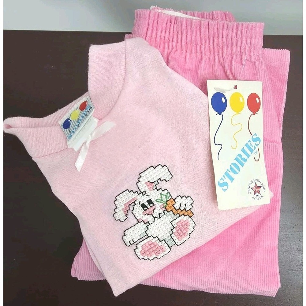 1980s Vtg Pink Stories Brand Two-piece Outfit Cross Stitch Embroidered Rabbit 2T